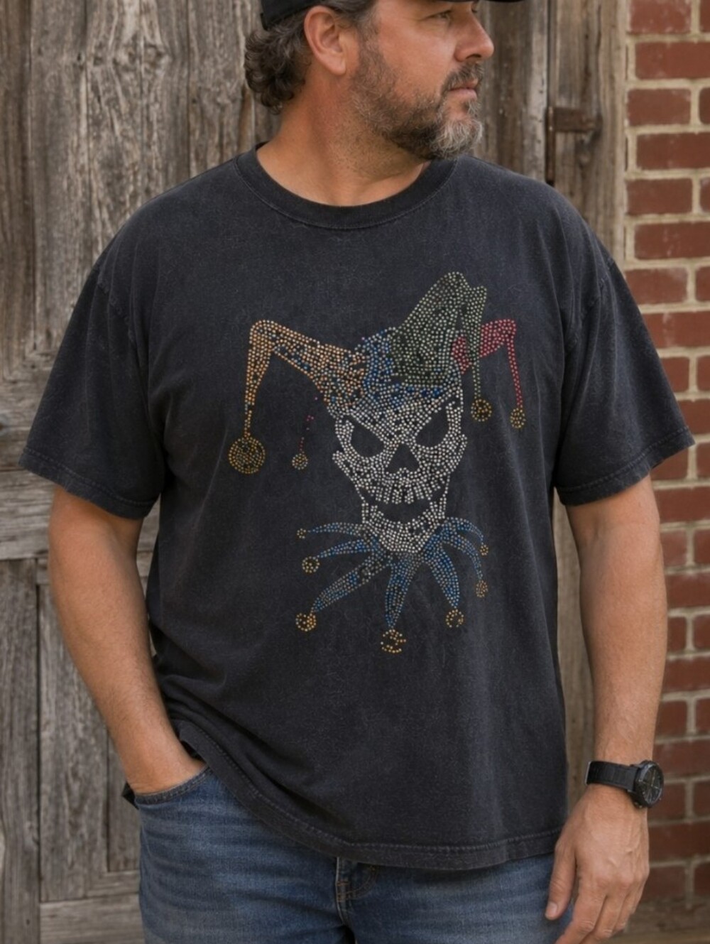 World Sports Zeep 3X Black Rhinestone Skull Jester Graphic T-Shirt Y2K Biker